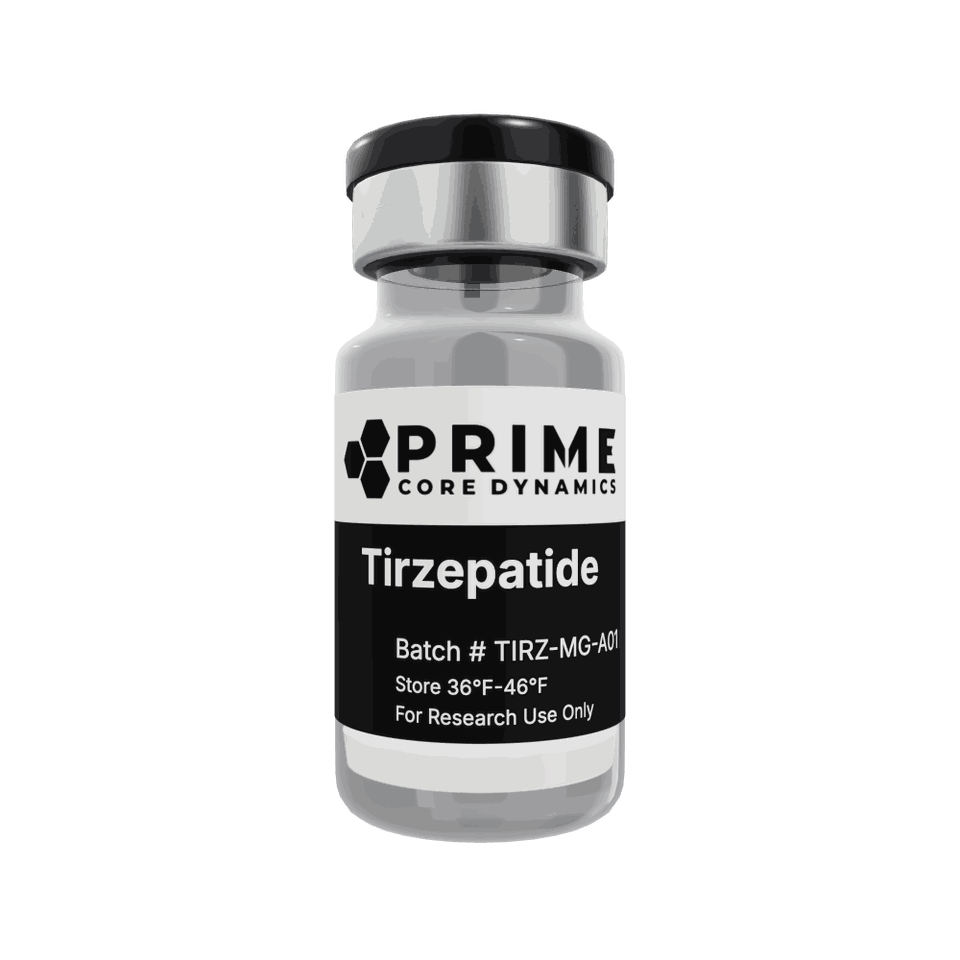Tirzepatide 20mg lyophilized powder in a sealed glass vial.
