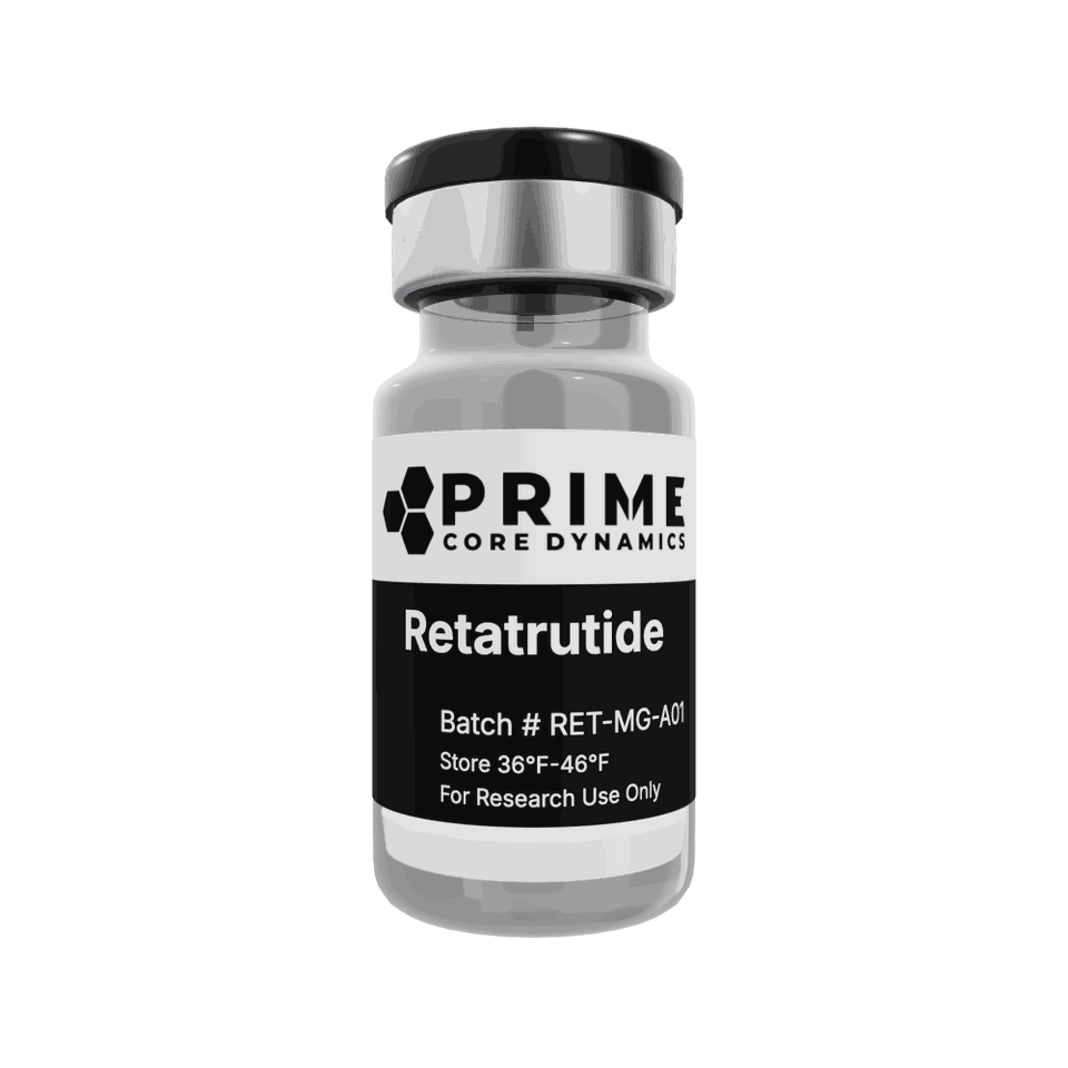 Retatrutide 10mg lyophilized powder in a sealed glass vial.
