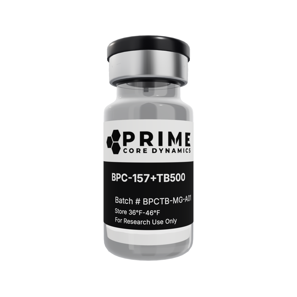 BPC-157 + TB-500 Blend 20mg lyophilized powder in a sealed glass vial.